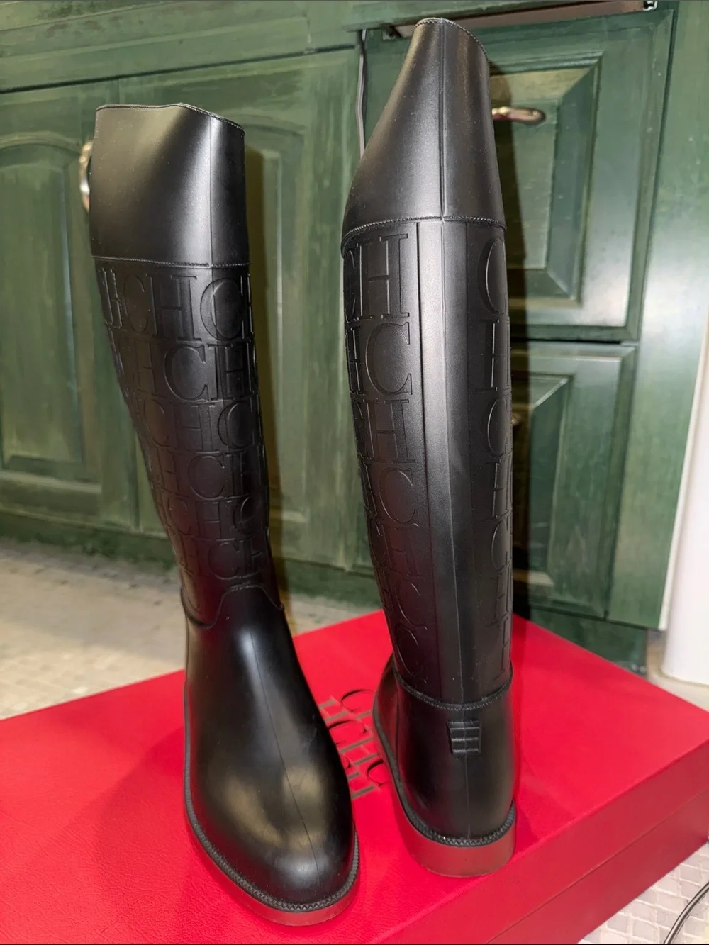 Carolina Herrera Black Embossed CH Logo Tall Rain Boots